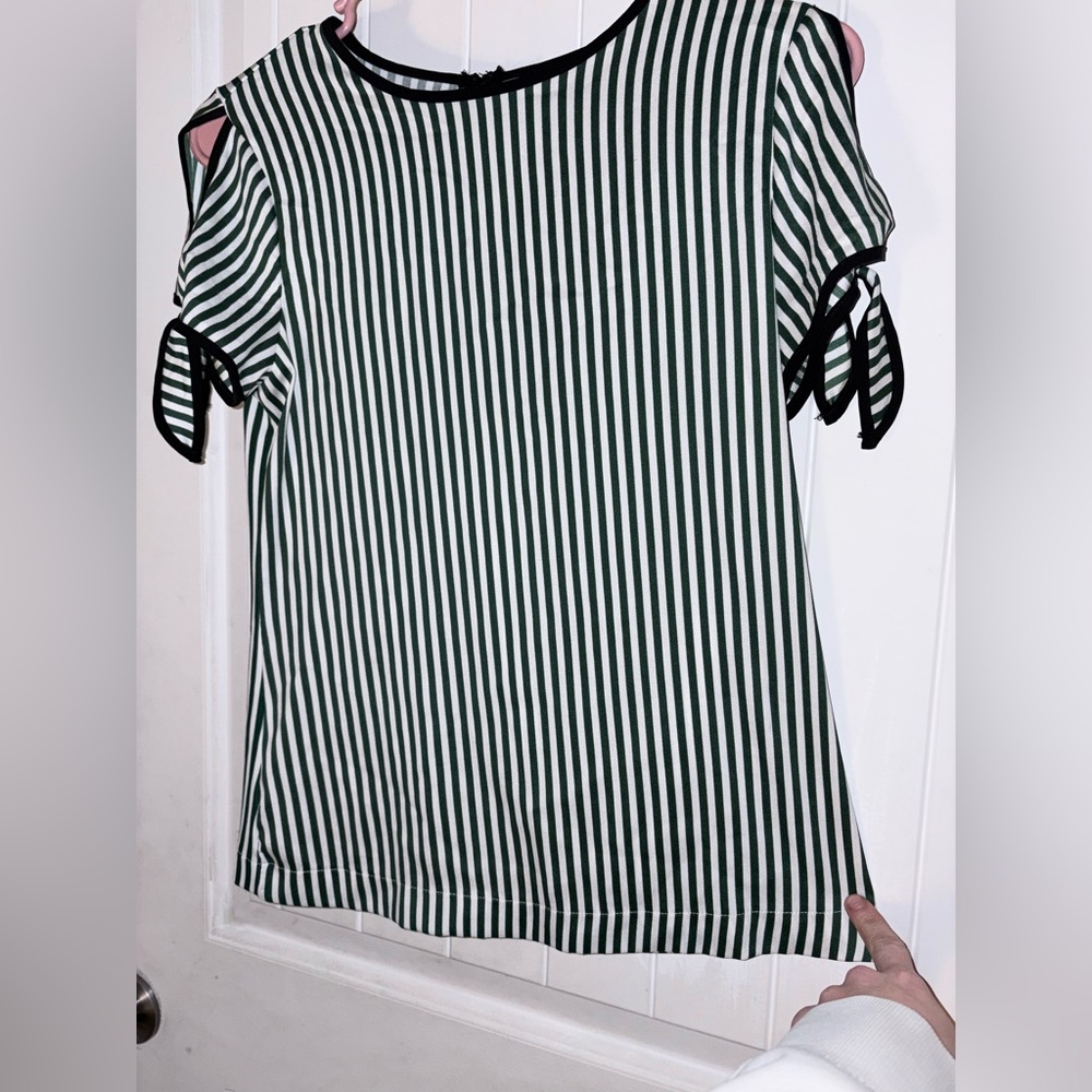 Ann Taylor Green & White Striped Tie-Sleeve Top